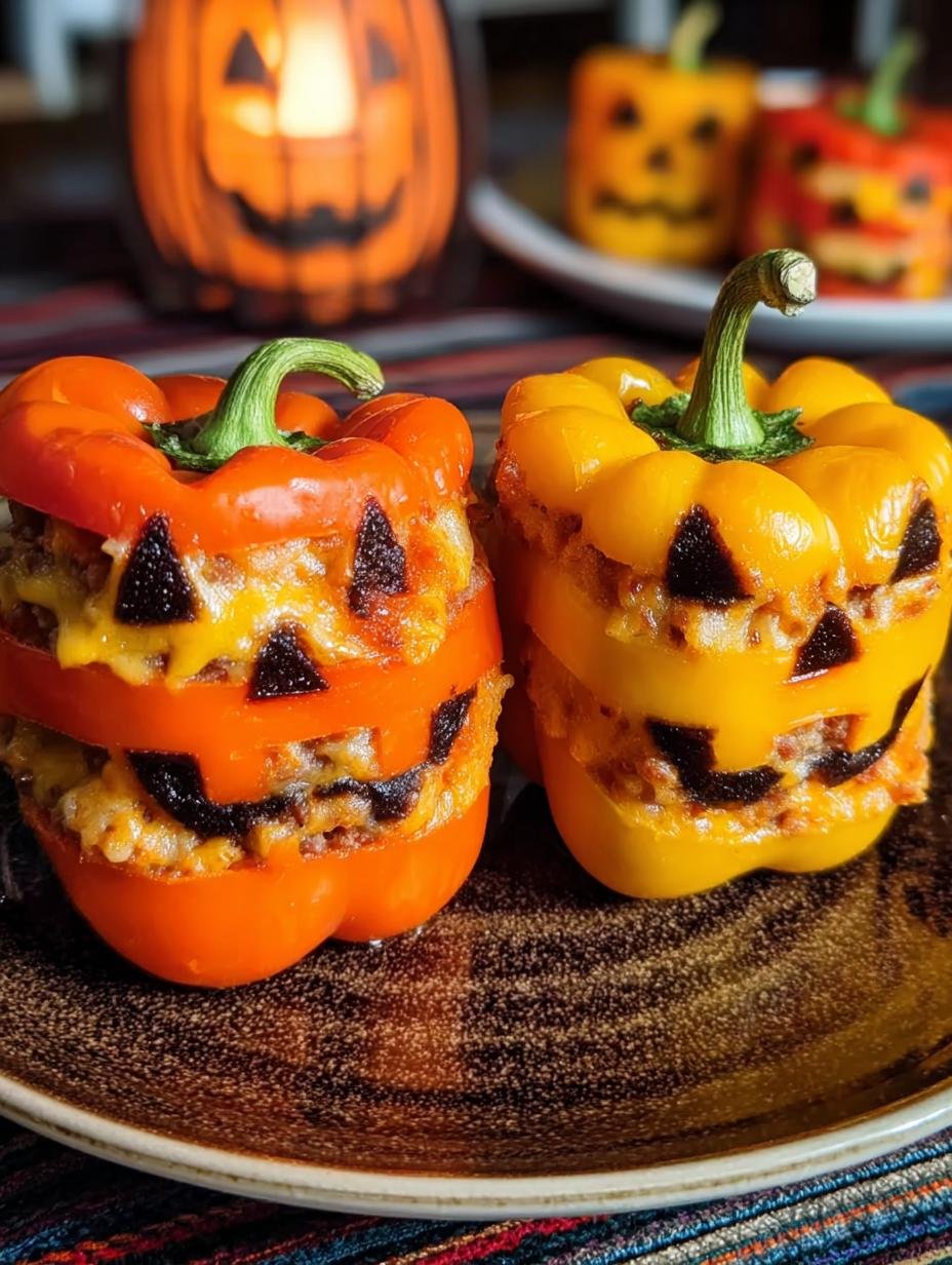 Spooky Halloween Stuffed Peppers: 1 Delicious Recipe 3 Halloween Stuffed Peppers - filled and topped with cheese, ready for baking