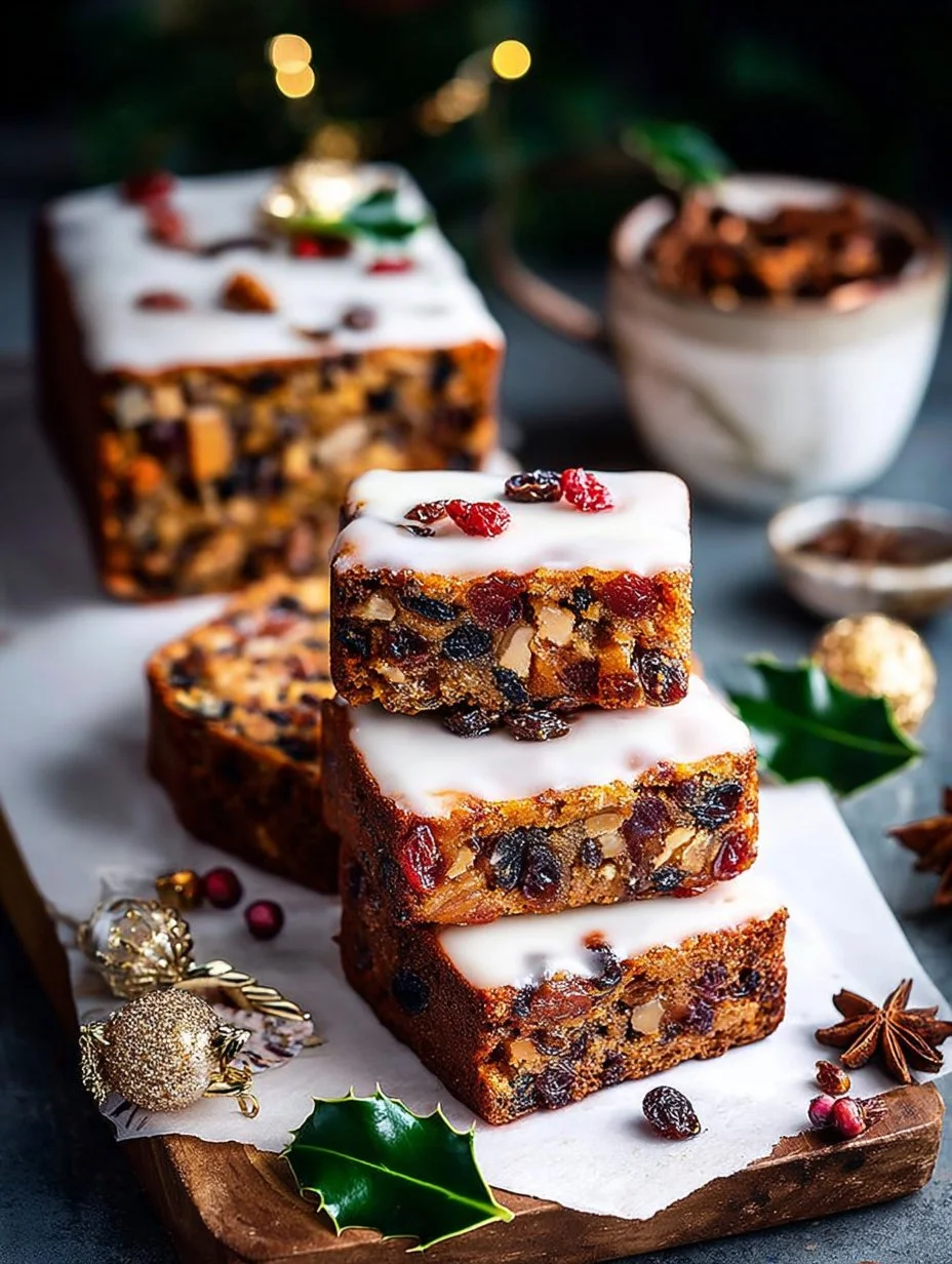 Festive Christmas Fruitcake Traybake 1 Delicious festive Christmas fruitcake traybake arranged on a holiday platter.