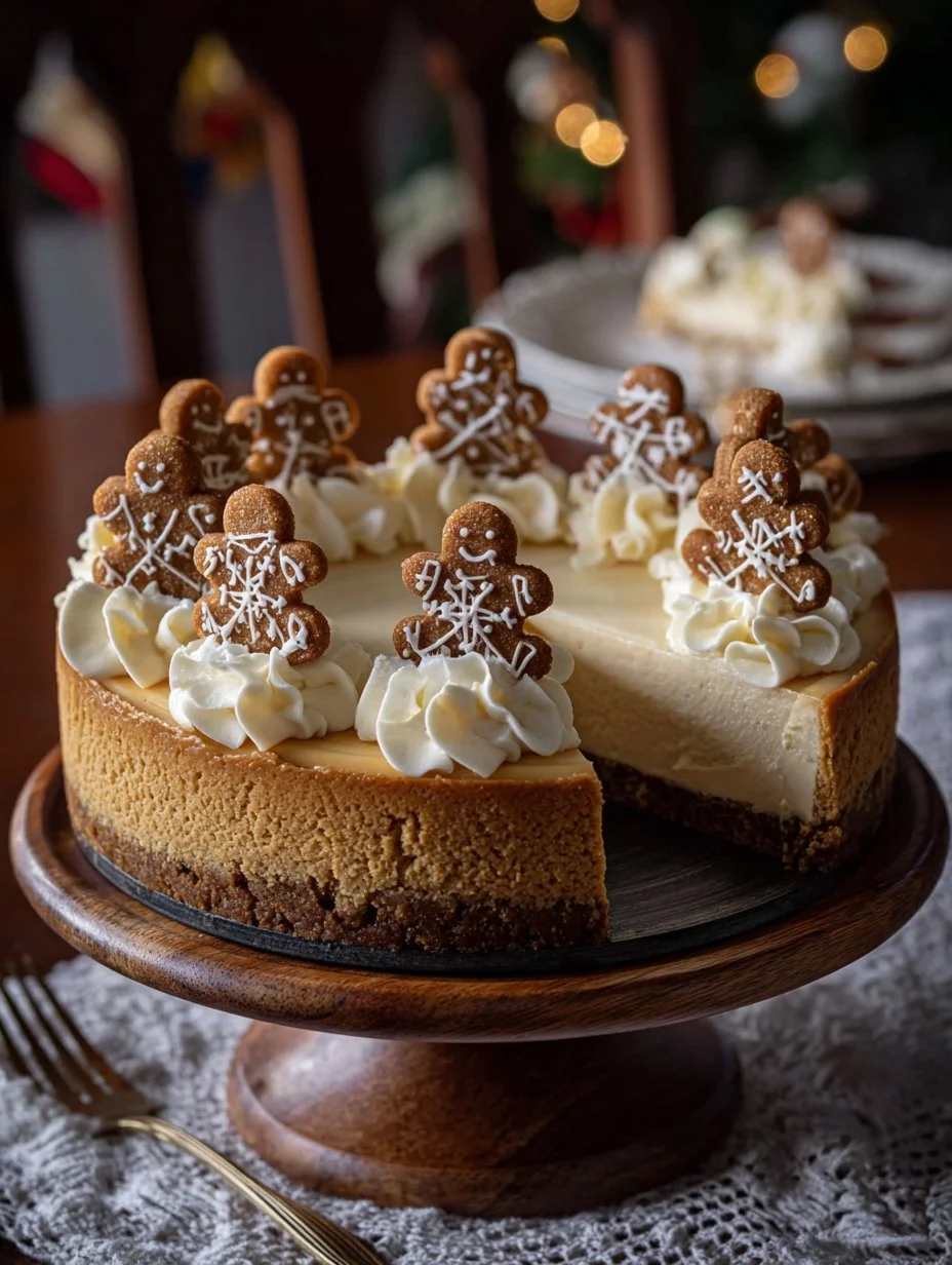 Gingerbread Cheesecake 1 Slice of delicious Gingerbread Cheesecake topped with whipped cream and gingerbread crumbs.