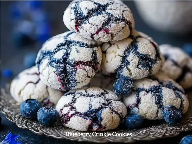 Freshly baked Blueberry Crinkle Cookies on a cooling rack