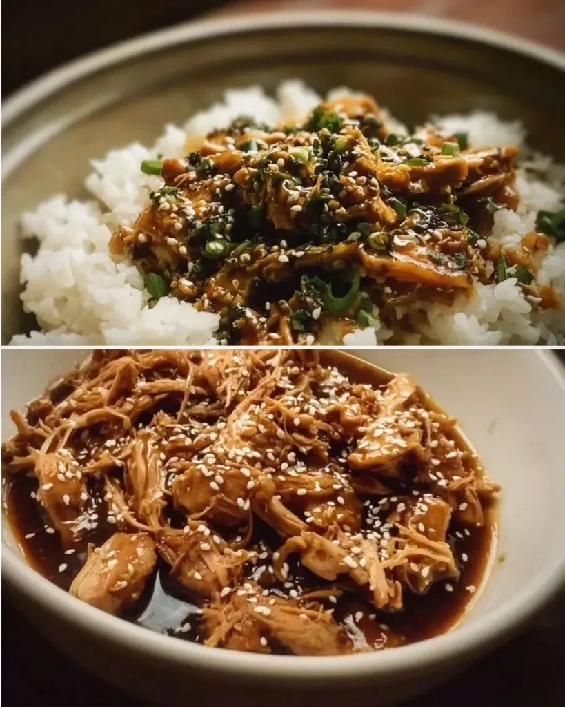 Delicious Crockpot Teriyaki Chicken served with rice and vegetables