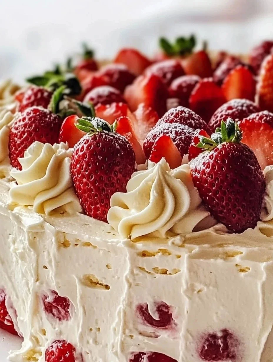 Slice of homemade strawberry Italian cream pound cake with fresh strawberries on top.