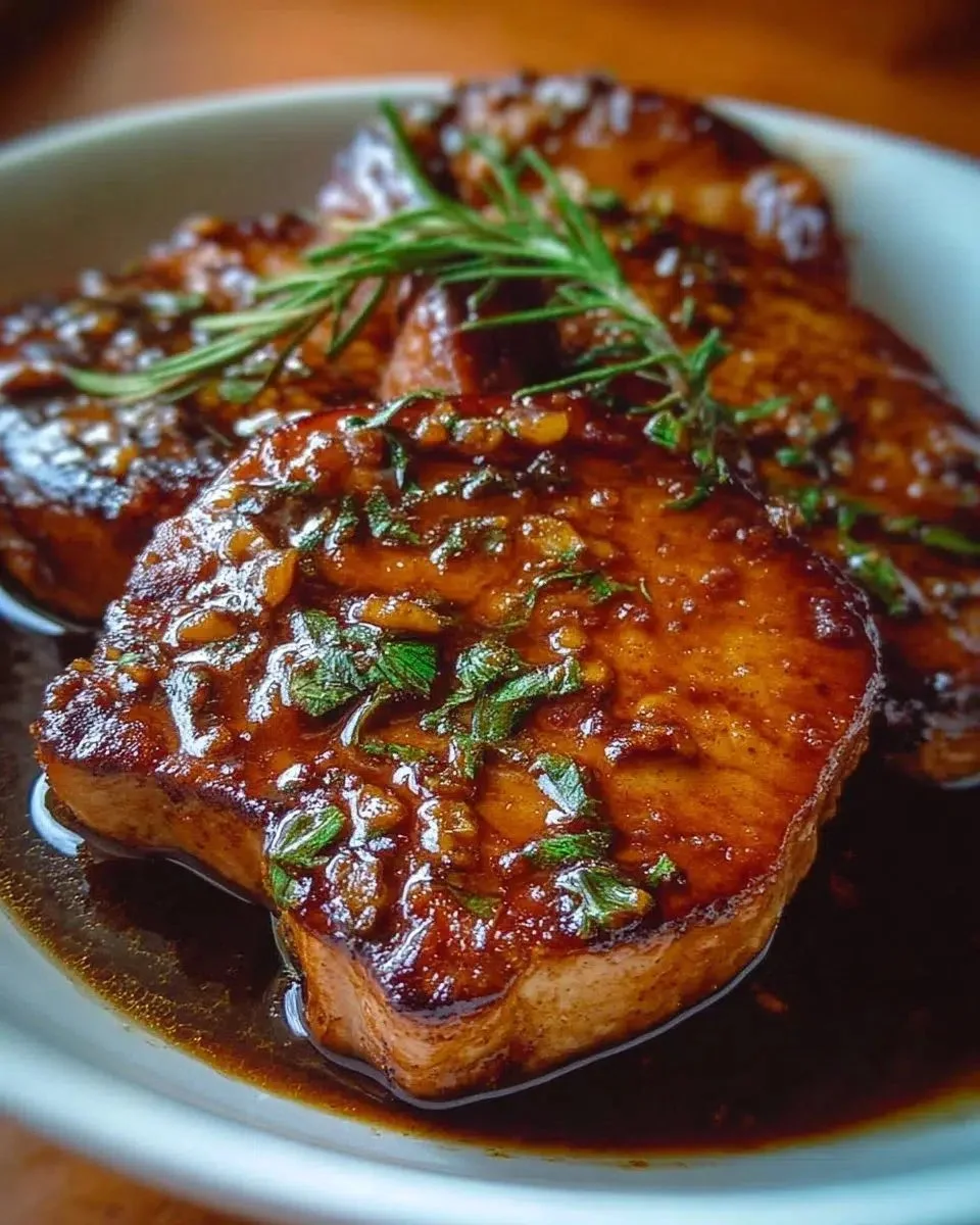Succulent Honey Garlic Pork Chops garnished with herbs on a plate