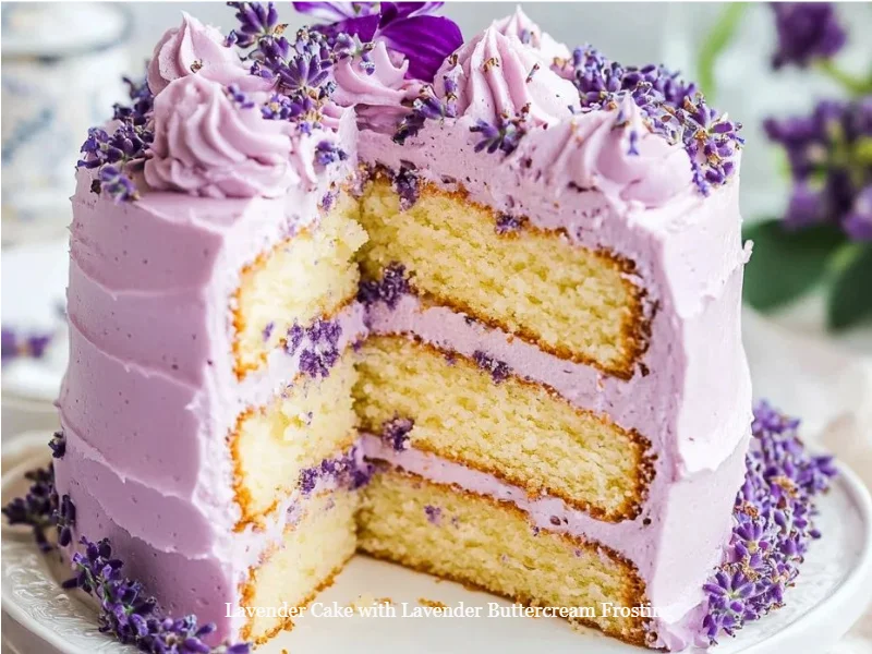 Lavender Cake topped with Lavender Buttercream Frosting on a decorative plate