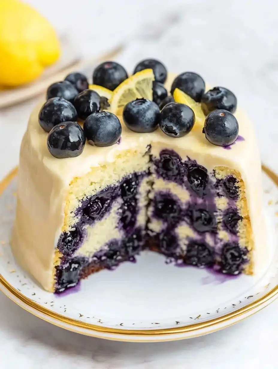 Deliciously moist Lemon Blueberry Cake topped with fresh blueberries and lemon zest.