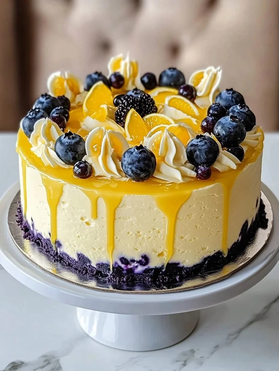 Lemon Blueberry Cheesecake Cake 1 Delicious lemon blueberry cheesecake cake with vibrant blueberries and creamy layer.