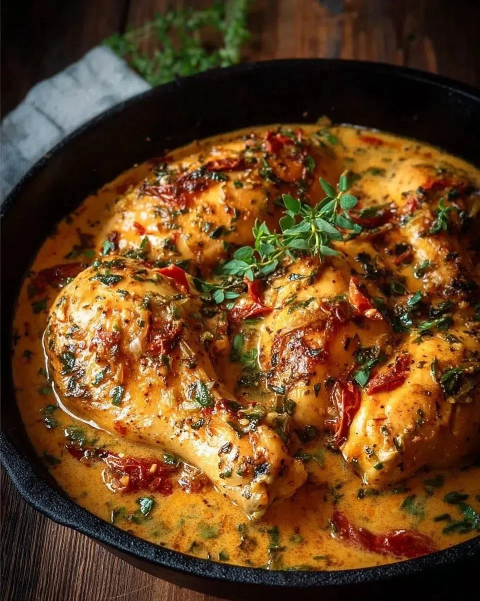 Creamy Marry Me Chicken skillet dish garnished with herbs