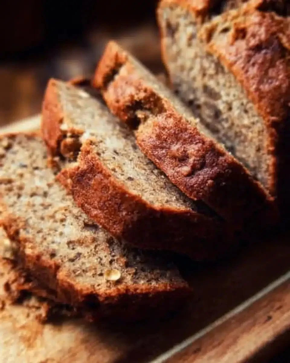 Banana Bread Recipe — My Favorite Moist Loaf 1 Moist banana bread loaf sliced on a wooden cutting board