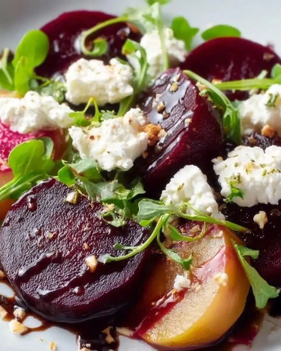 Beet Salad with Goat Cheese — Bright Balsamic Side 1 Vibrant beet salad topped with goat cheese and balsamic dressing.
