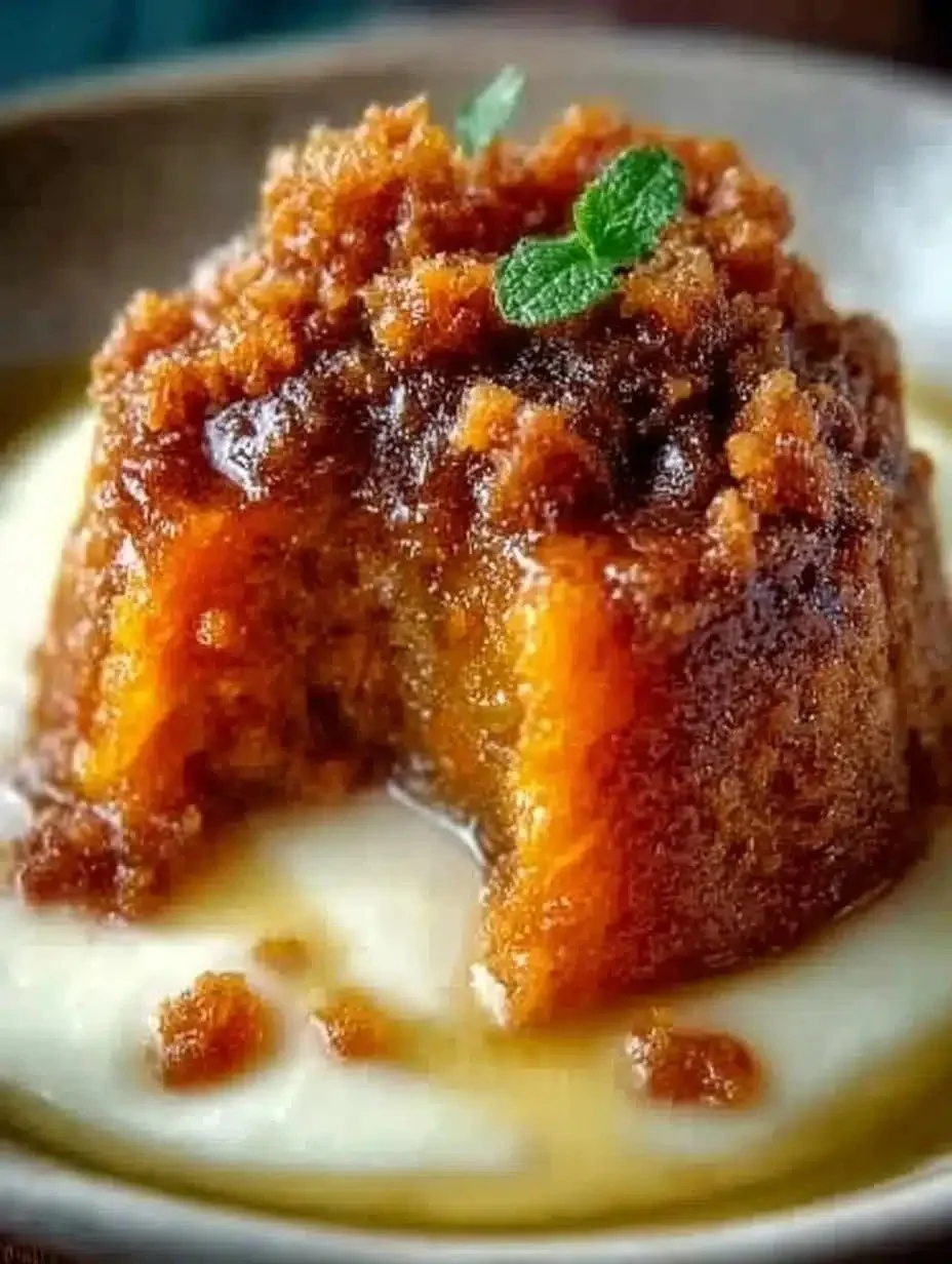 Carrot Pudding with Brown Sugar Sauce 1 Carrot pudding drizzled with brown sugar sauce in a serving dish
