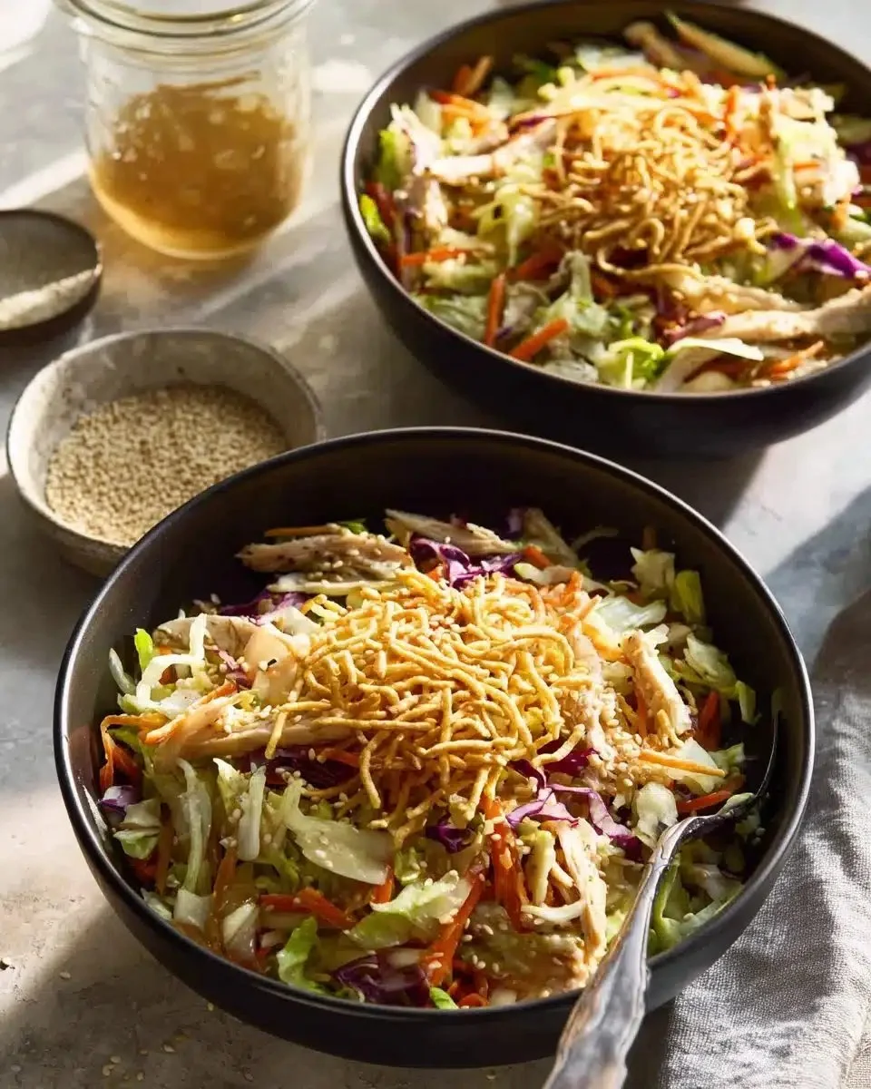 Chinese Chicken Salad — Crunchy Sesame Dressing 1 Bowl of Chinese Chicken Salad topped with crunchy sesame dressing and vegetables.