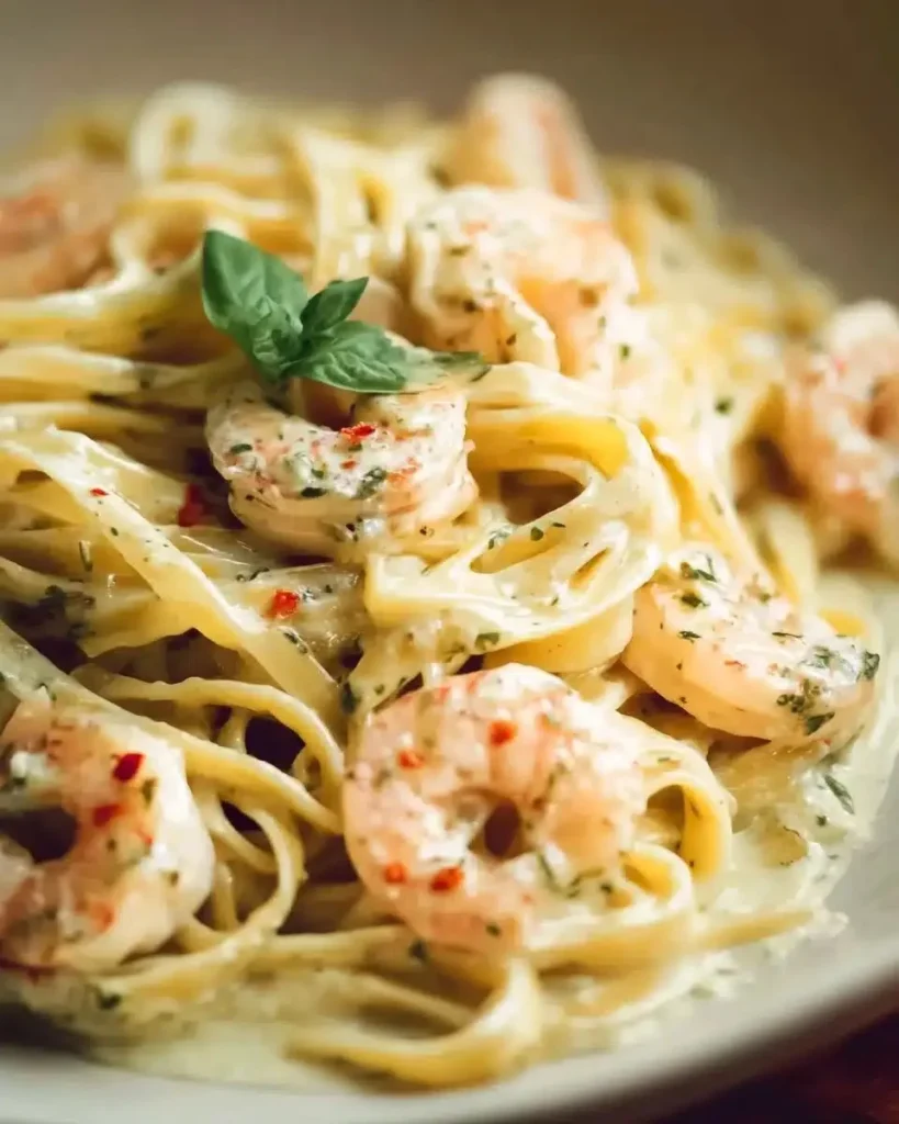 Creamy garlic prawn pasta dish garnished with parsley
