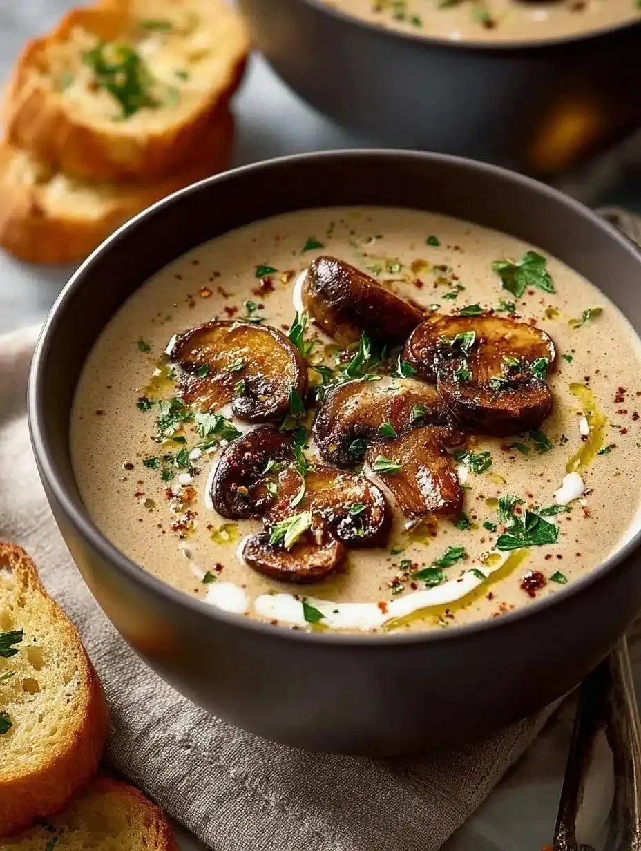 Creamy Mushroom Soup from Scratch - Easy Weeknight Recipe 1 Bowl of creamy mushroom soup topped with fresh herbs and served with bread