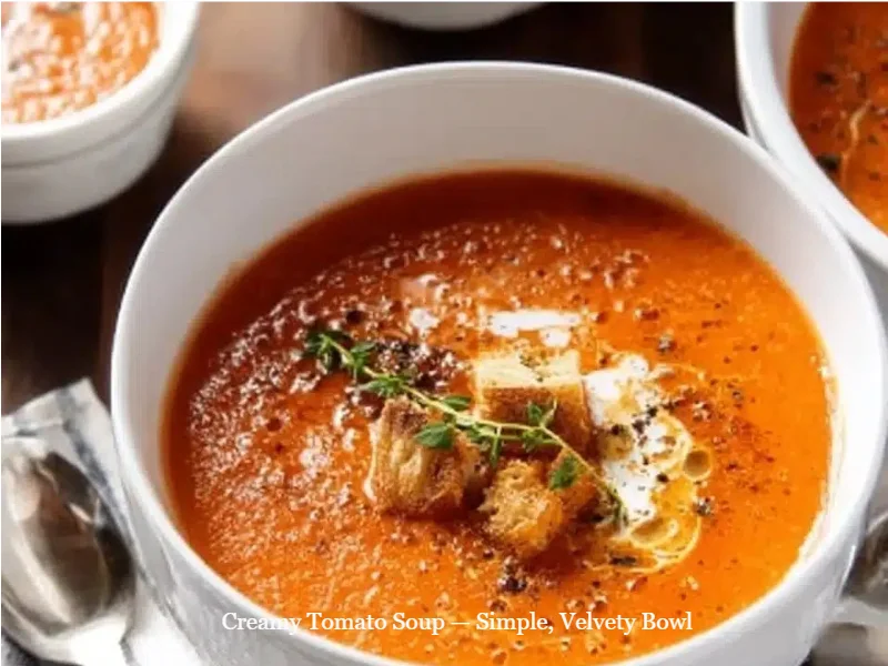 Creamy Tomato Soup — Simple, Velvety Bowl 1 Bowl of creamy tomato soup topped with fresh basil and served with crusty bread