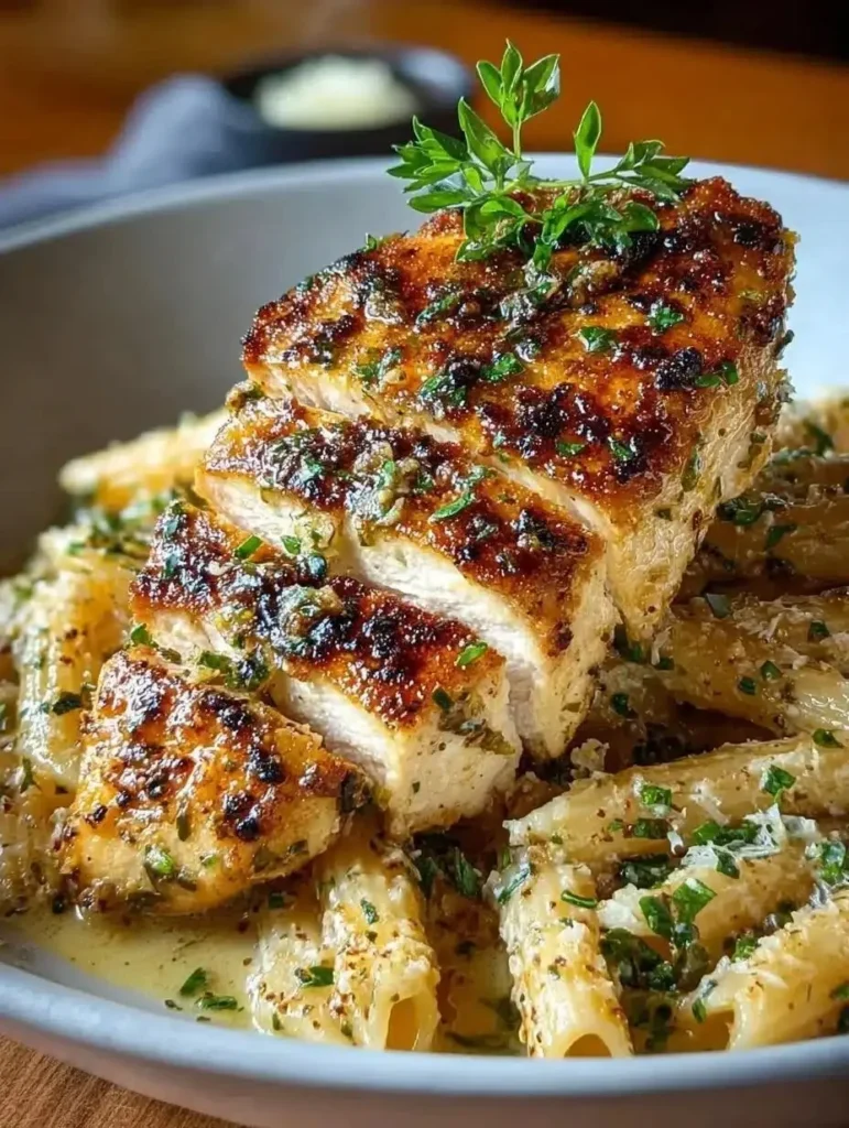 Healthy Garlic Parmesan Chicken skillet dinner ready to serve.