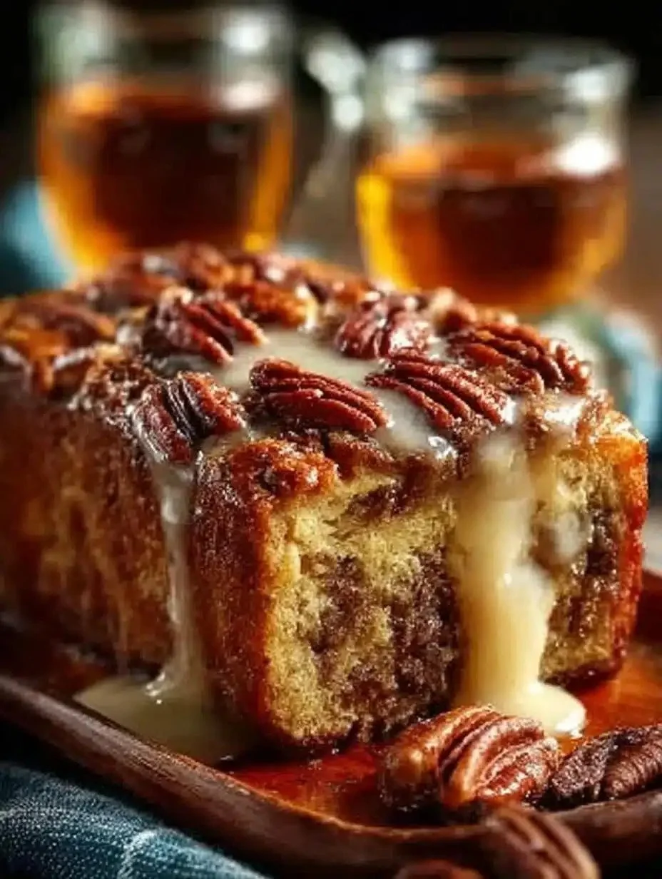 Irresistible Pecan Bourbon Bread 1 Freshly baked pecan bourbon bread with a golden crust and nutty topping.