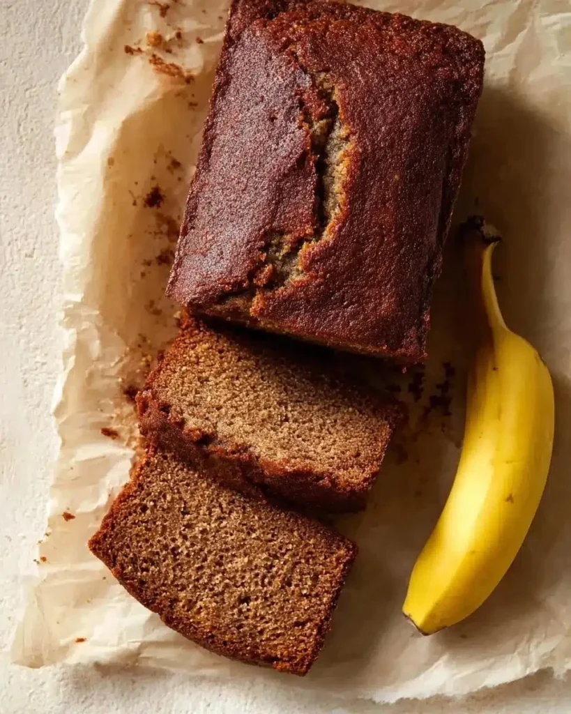 Loaf of JB's banana bread with slices on a wooden table