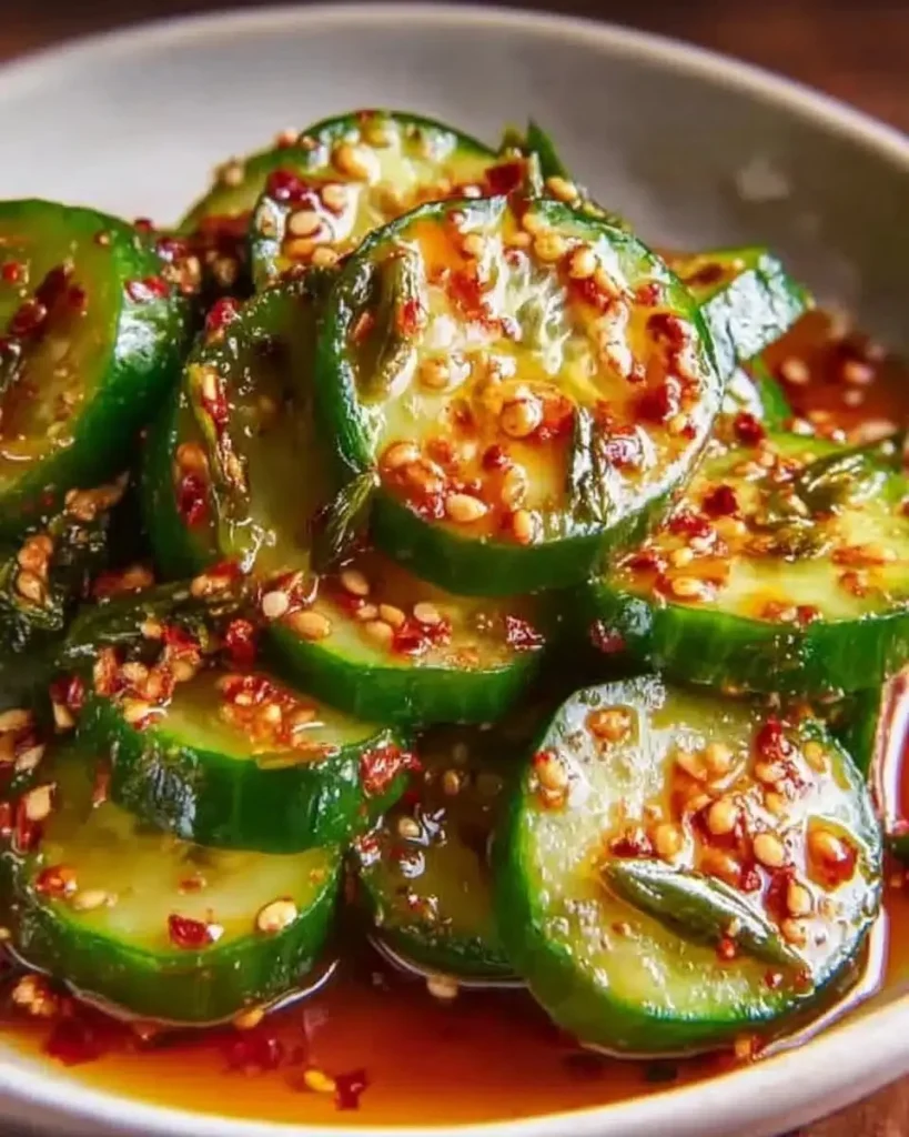 Delicious Korean Cucumber Salad with spices and seasonings in a bowl