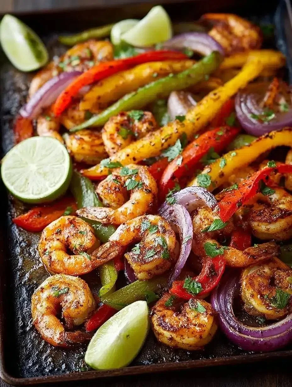 Sheet Pan Shrimp Fajitas 1 Sheet pan shrimp fajitas with colorful vegetables and spices ready to serve