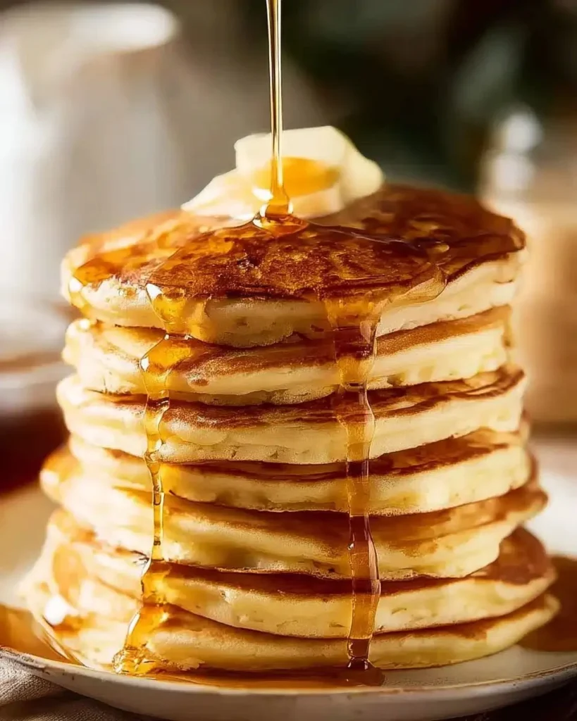 Stack of simple fluffy pancakes topped with syrup and berries