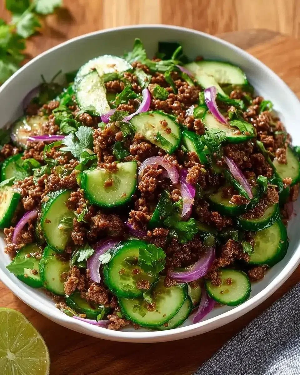 Spicy Korean Ground Beef with Cucumber Salad 1 A bowl of spicy Korean ground beef served with fresh cucumber salad