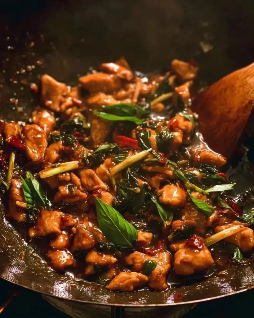Plate of Thai Chilli Basil Chicken stir-fry with fresh basil and chilies