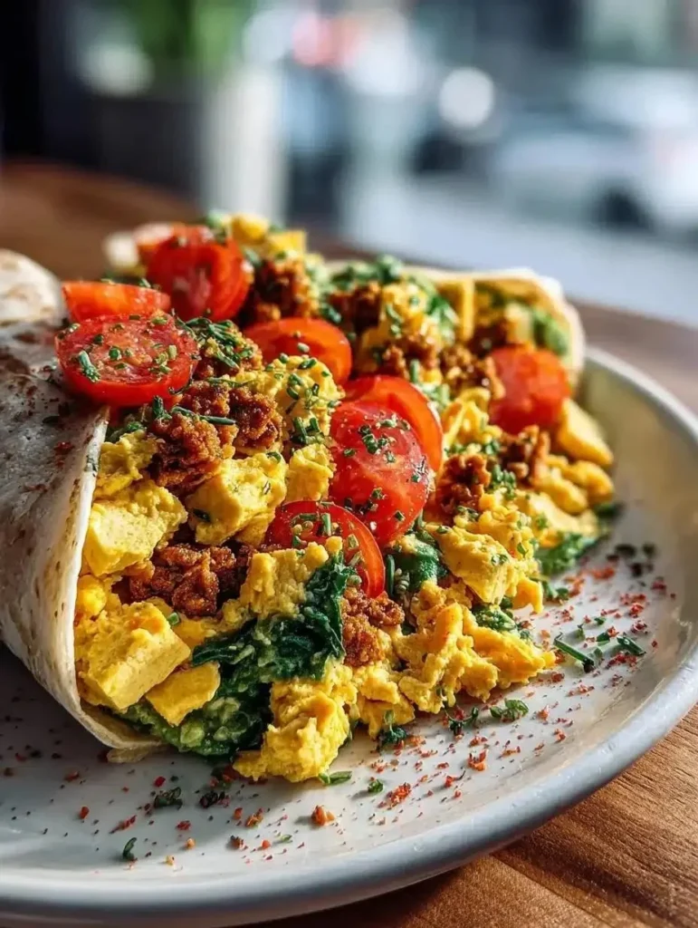 Delicious vegan tofu scramble served on a plate with vegetables.