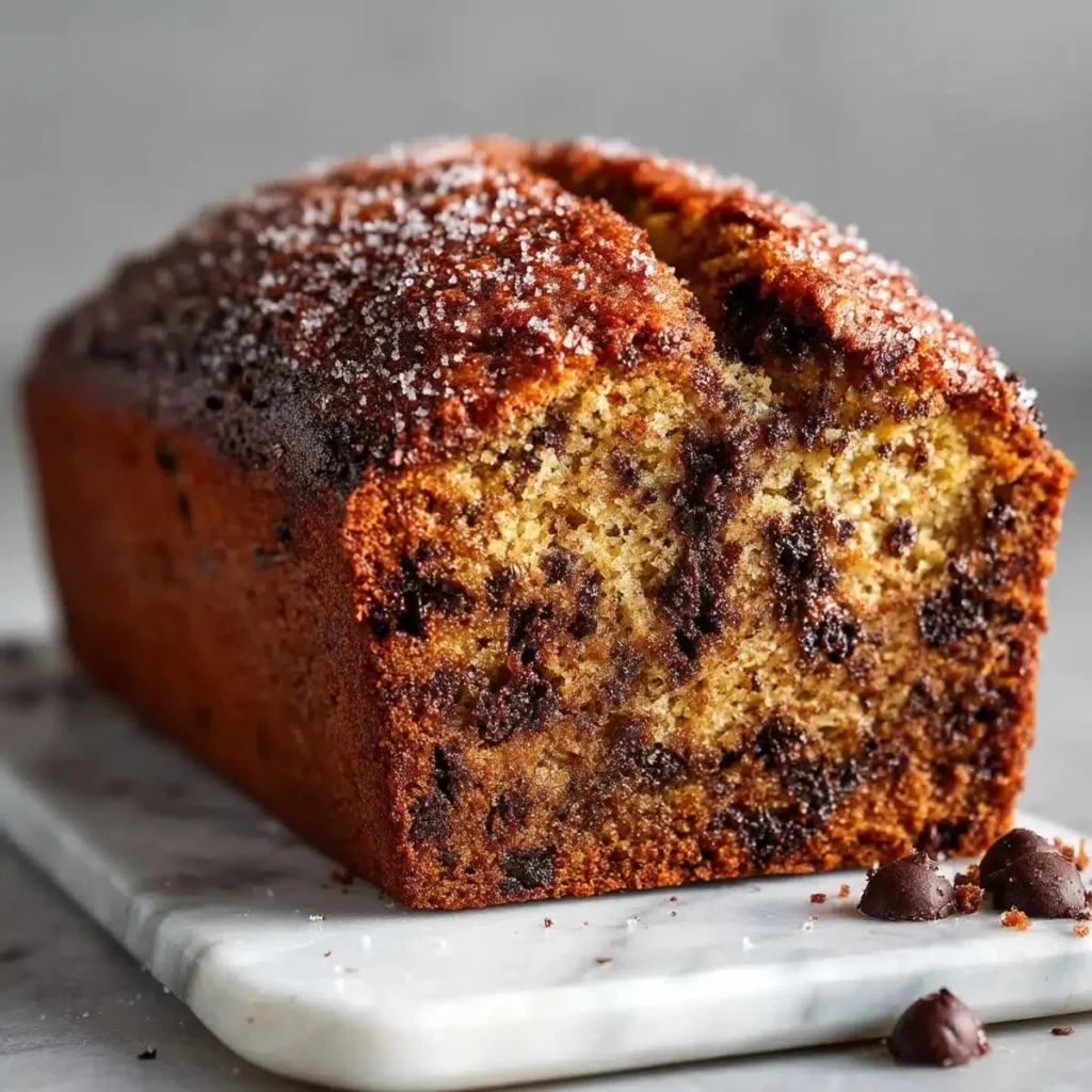 Delicious Banana Chocolate Chip Cake topped with melting chocolate chips
