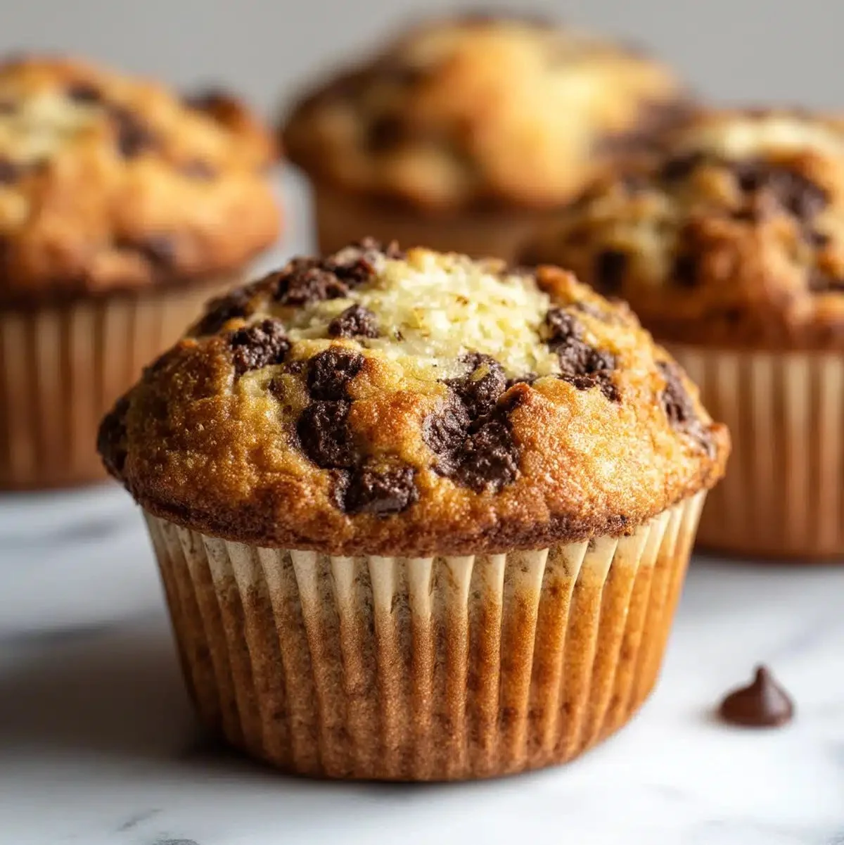 Banana Chocolate Chip Cream Cheese Muffins 1 Delicious banana chocolate chip cream cheese muffins on a wooden table