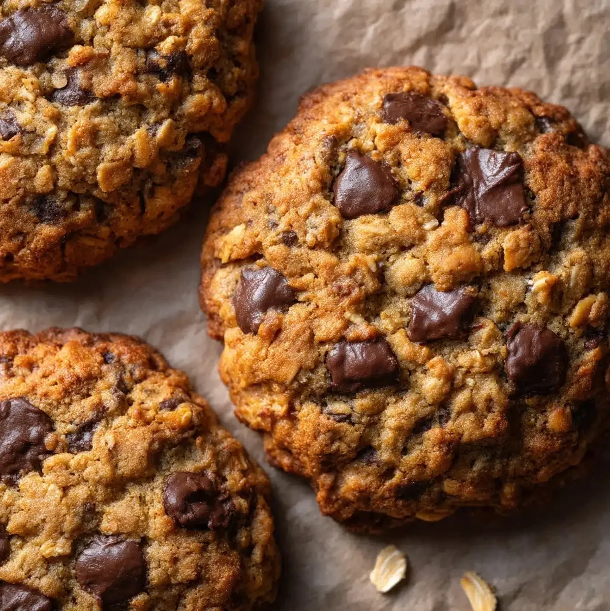 Banana Chocolate Chip Oatmeal Cookies 1 Freshly baked Banana Chocolate Chip Oatmeal Cookies on a cooling rack