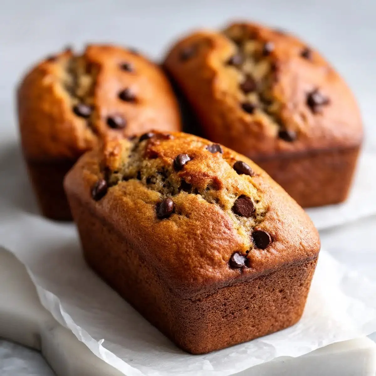 Mini Banana Chocolate Chip Loaves 1 Freshly baked mini banana chocolate chip loaves on a cooling rack