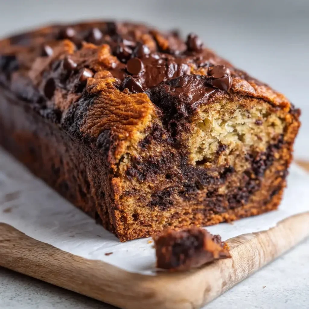 Delicious slice of sourdough banana chocolate chip bread with chocolate chips