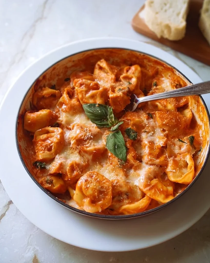 Baked tortellini in creamy vodka sauce served in a baking dish