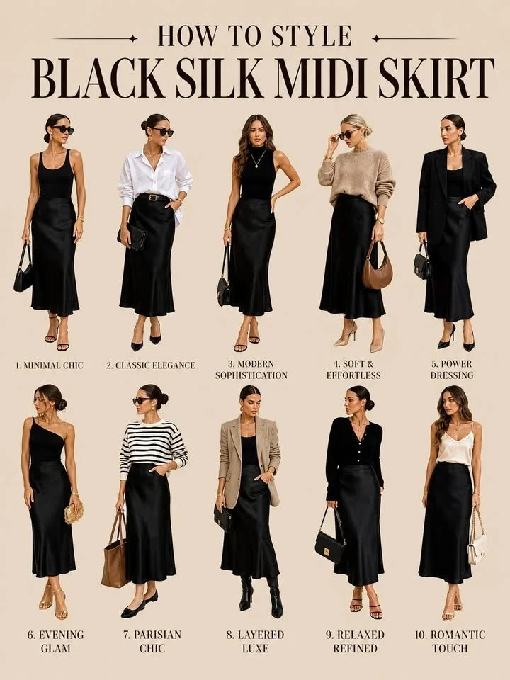 Black silk midi skirt showcasing elegant design for timeless fashion.