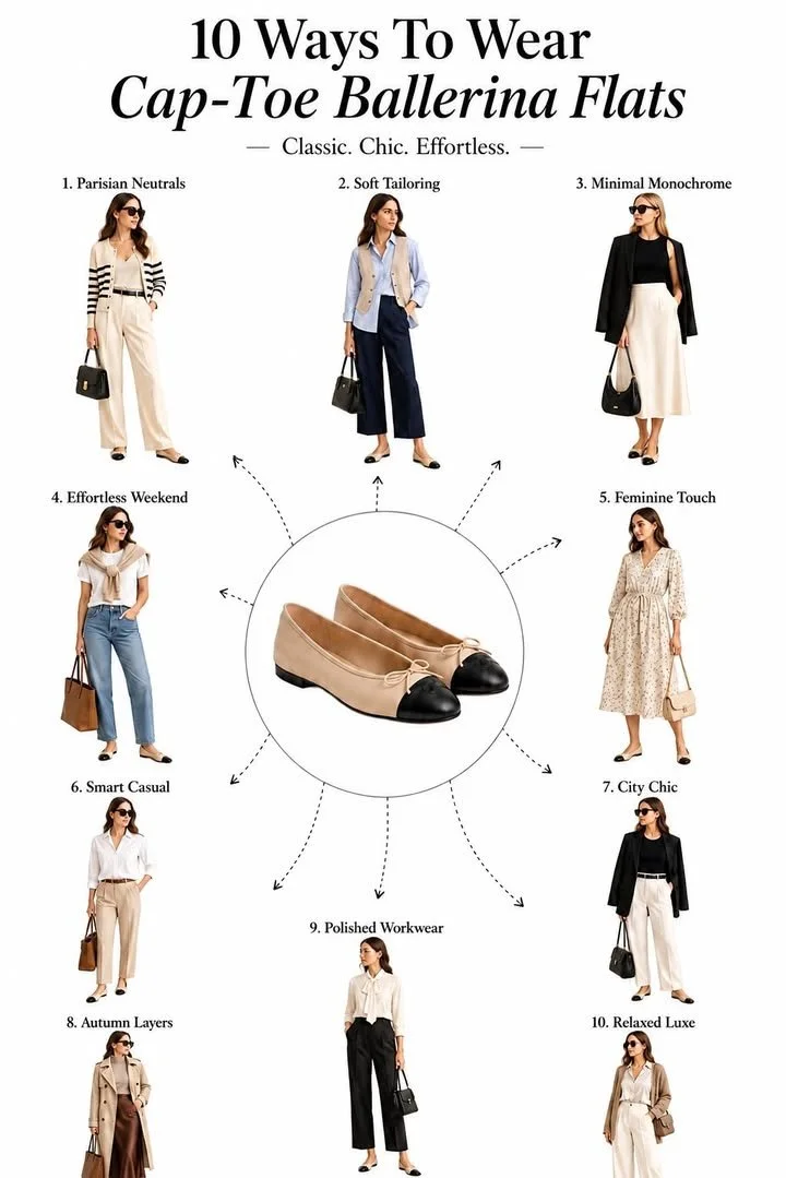 Stylish cap-toe ballerina flats offering comfort and elegance for every occasion.