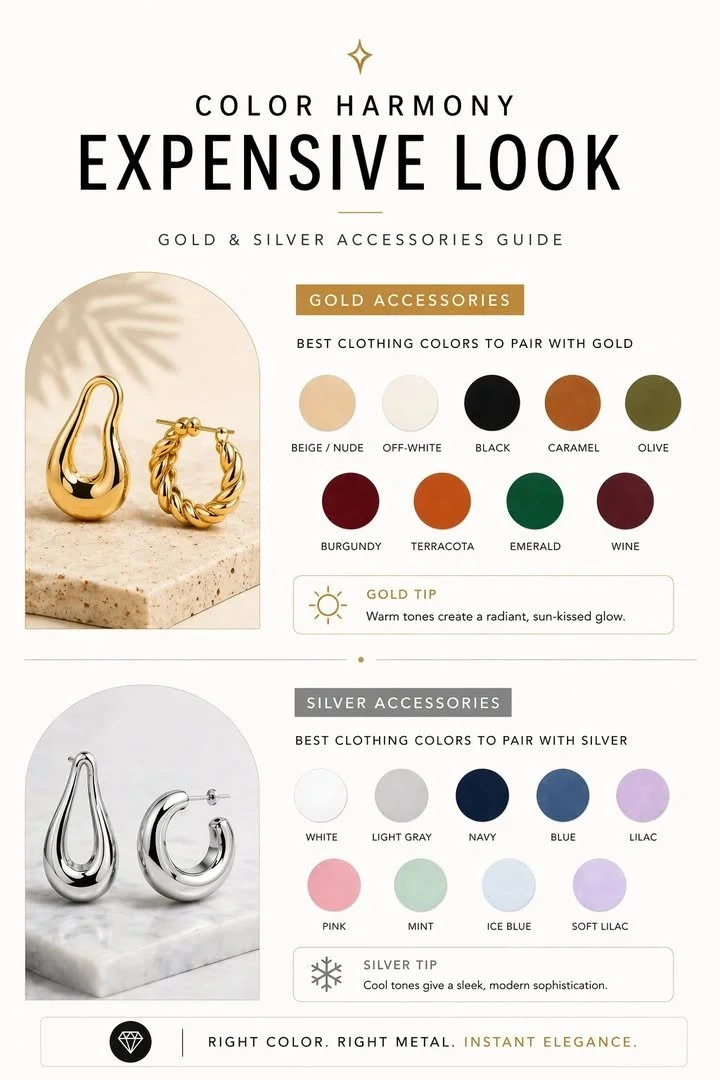 Color Harmony: Aligning Outfit and Jewelry Undertones to Look Expensive 1 Elegant outfits and jewelry showcasing color harmony for a refined look.