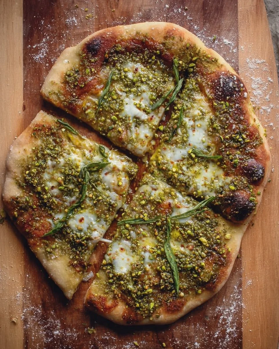 Creamy pistachio pesto pizza topped with fresh mozzarella cheese