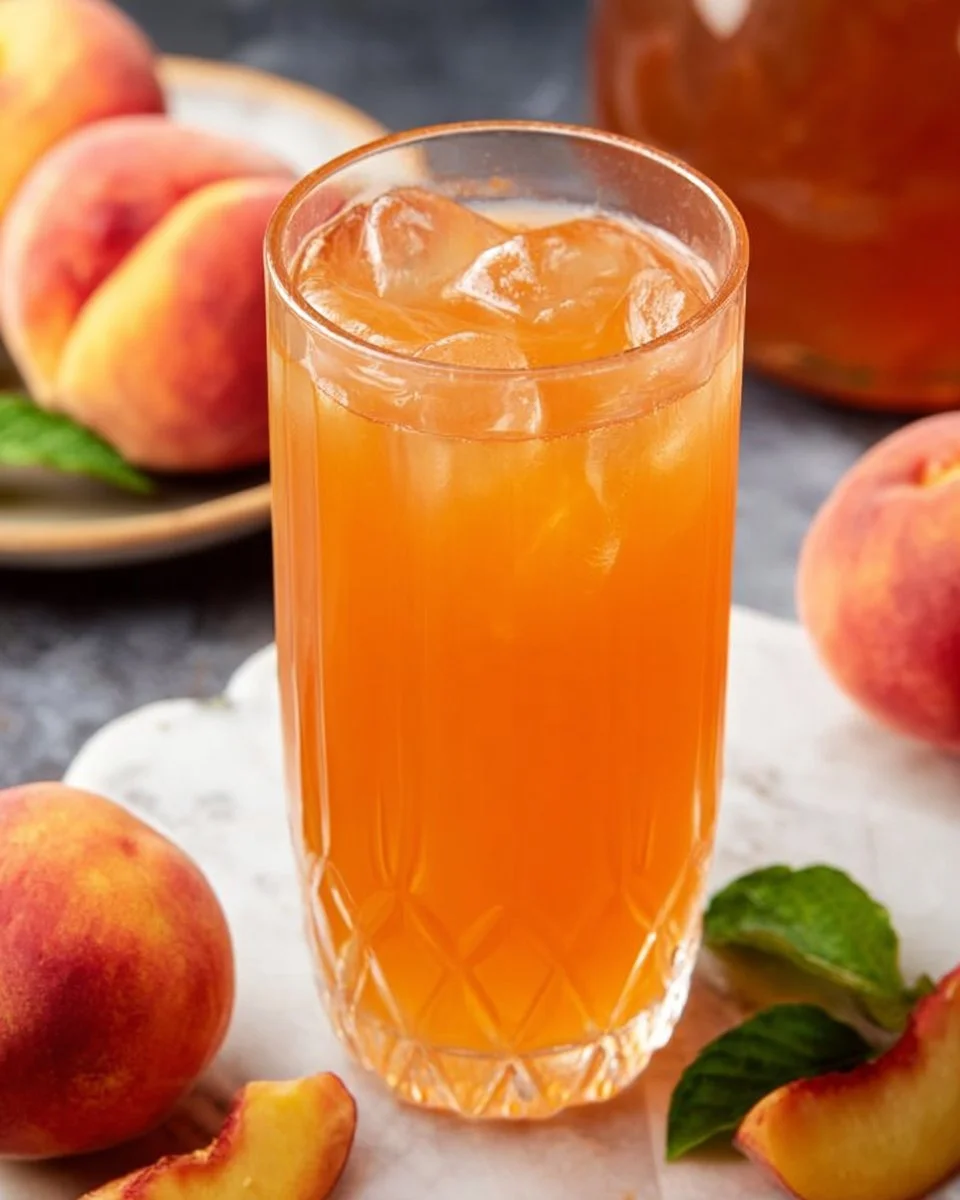 Fresh Southern Peach Sweet Tea 1 Fresh Southern peach sweet tea served in a glass with peach slices.