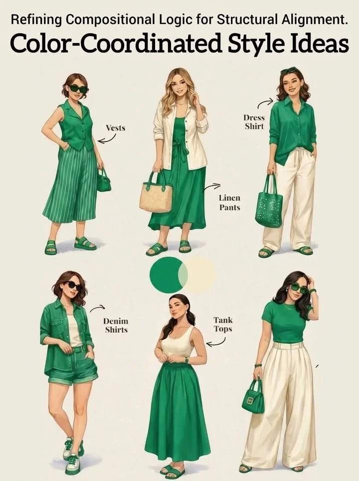 Trendy green and white outfits displayed for elevated fashion inspiration.