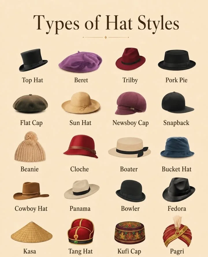 A variety of stylish hats showcasing different hat styles for every occasion.