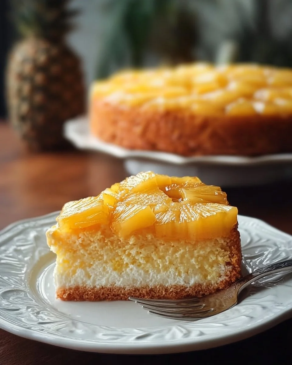 Heavenly Pineapple Cake 1 Beautiful slice of Heavenly Pineapple Cake topped with fresh pineapple and cream