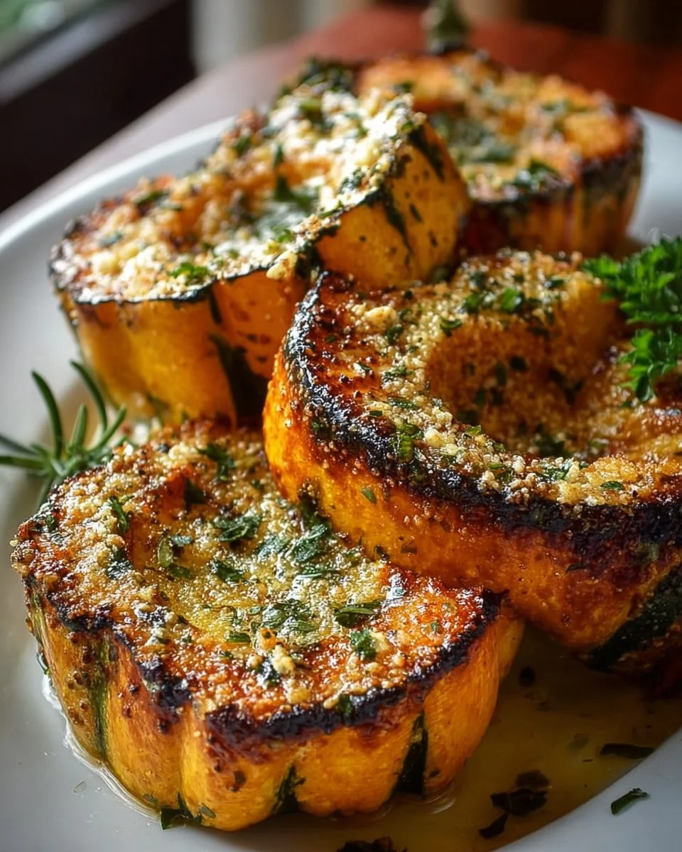Delicious Herbed Parmesan Roasted Acorn Squash garnished with herbs and cheese