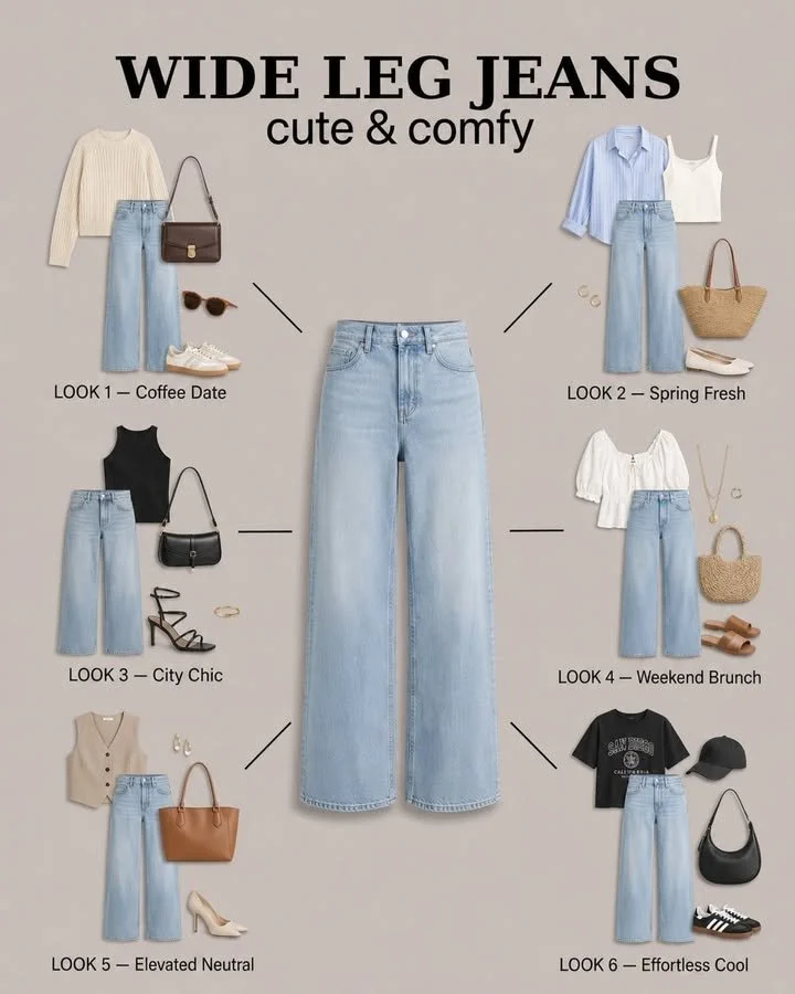 Various jeans styles including wide leg, bootcut, and skinny fits displayed on models.