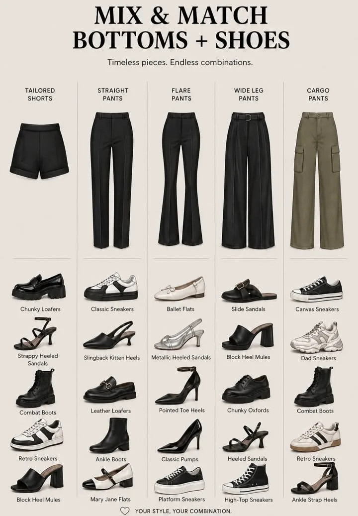 Mixing and Matching Bottoms with Shoes for a Polished, Versatile Wardrobe 1 Stylish outfit combining bottoms and shoes for a polished look