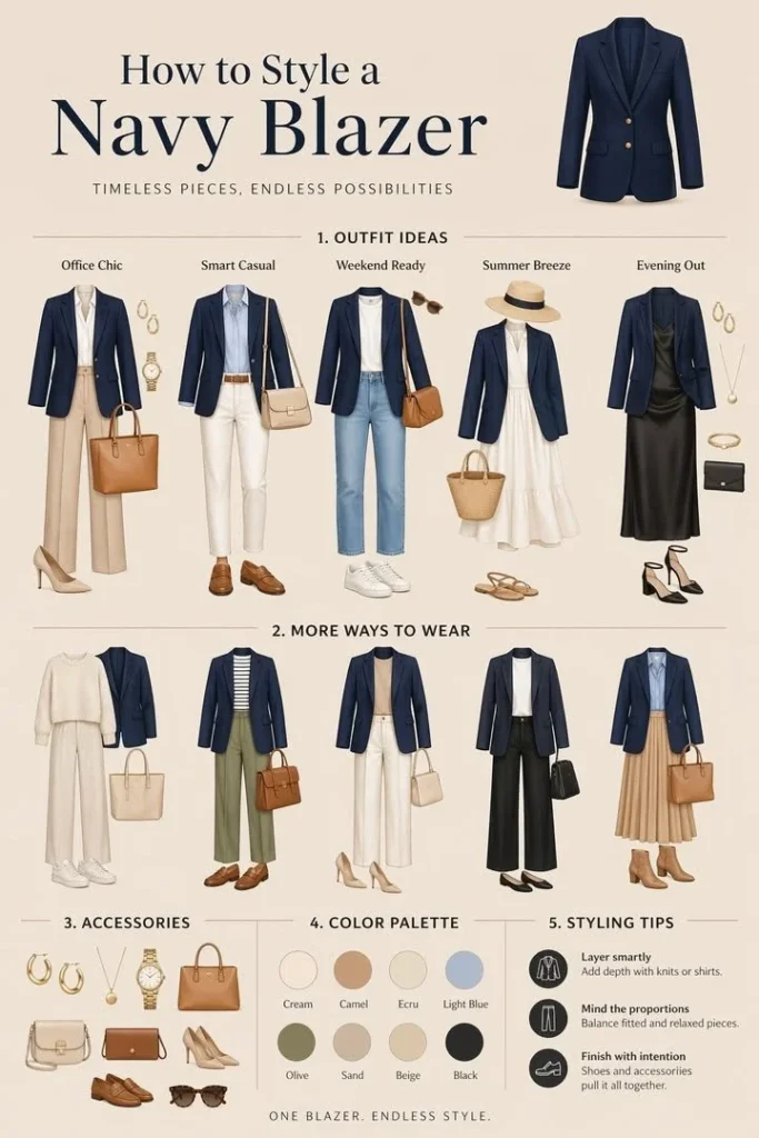 Navy blazer styled for work and casual occasions, showcasing its versatility.