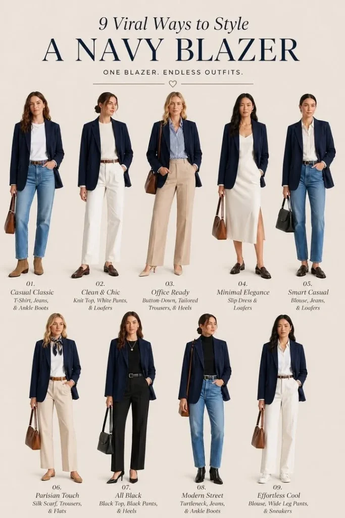 Navy blazer styled with tailored outfit for a chic and sophisticated appearance.