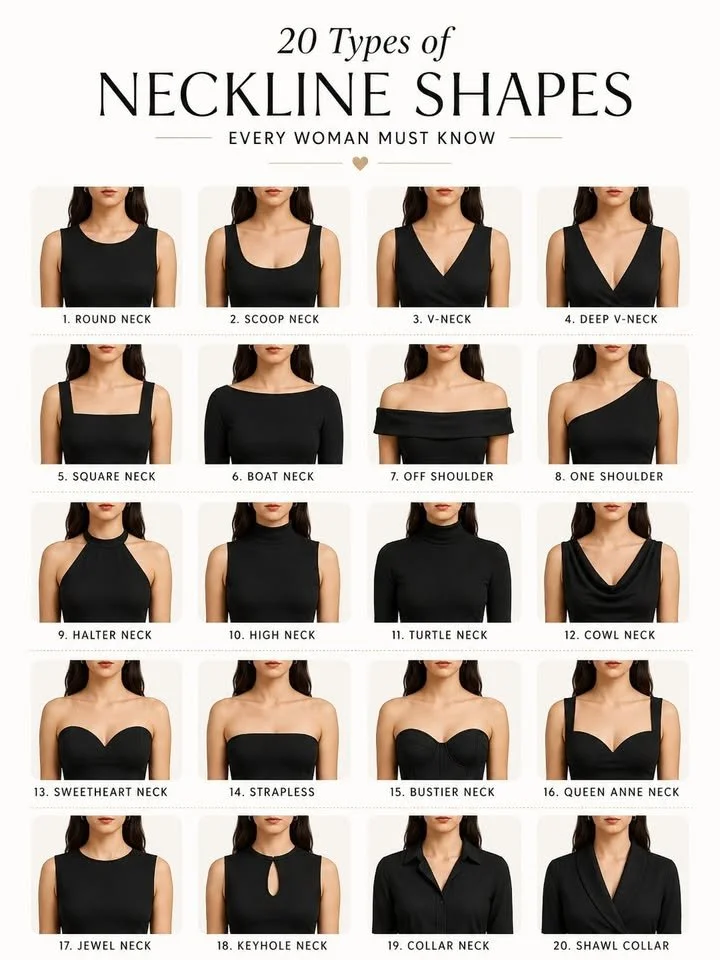 A variety of neckline styles that enhance outfit transformation and elegance.
