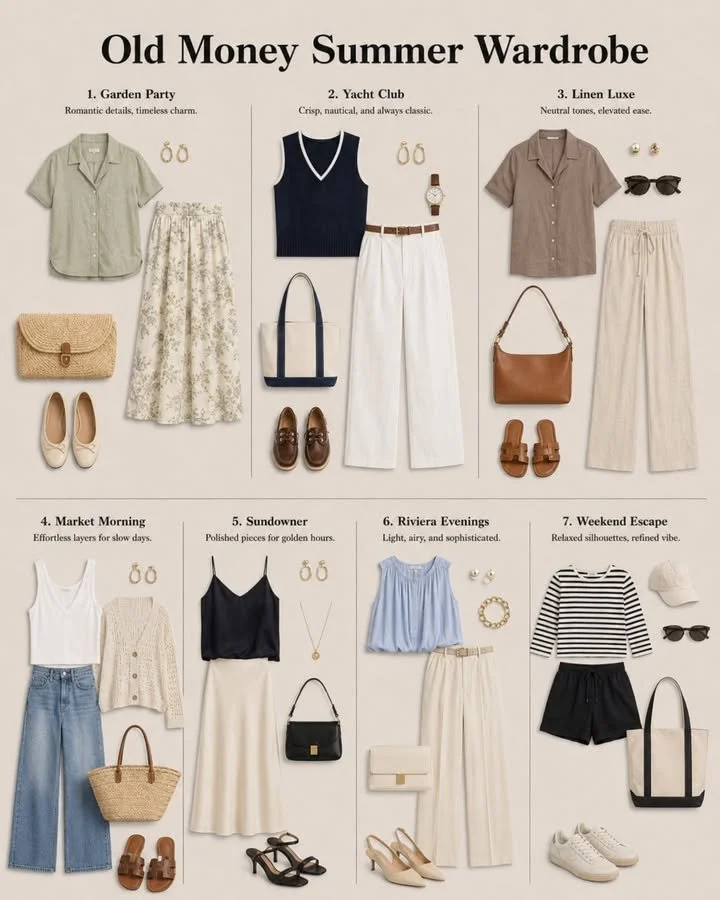 Old Money Summer Wardrobe featuring timeless luxury fashion pieces