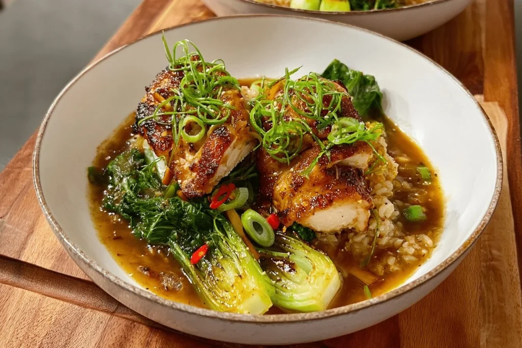 Bowl of quick miso-ginger chicken with spicy broth garnished with herbs.