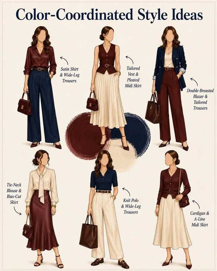 Quiet Luxury Outfit Ideas: Timeless Color-Coordinated Looks in Burgundy and Navy